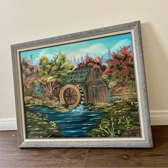 Vintage Framed Landscape Painting With Water mill 19/23 Inches - Picture 10 of 10